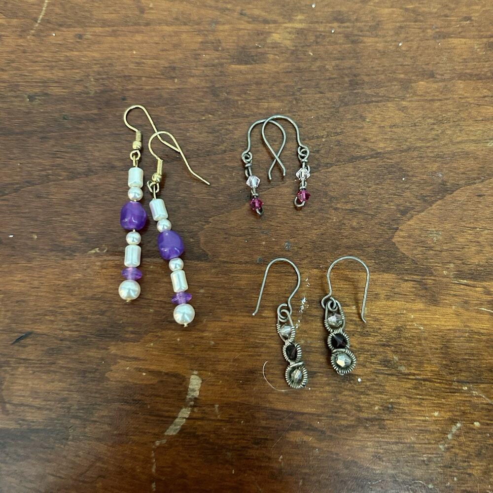Lot Of 3 Handmade Earrings Dangle Beaded Boho Purple Pink White Metal Work